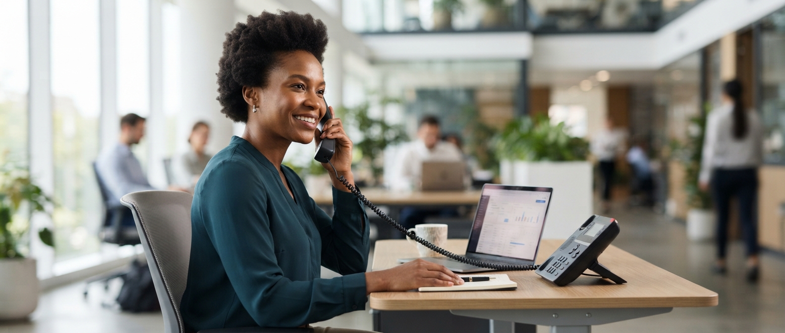 Friendly consultant smiling on the phone at a modern open-plan office desk